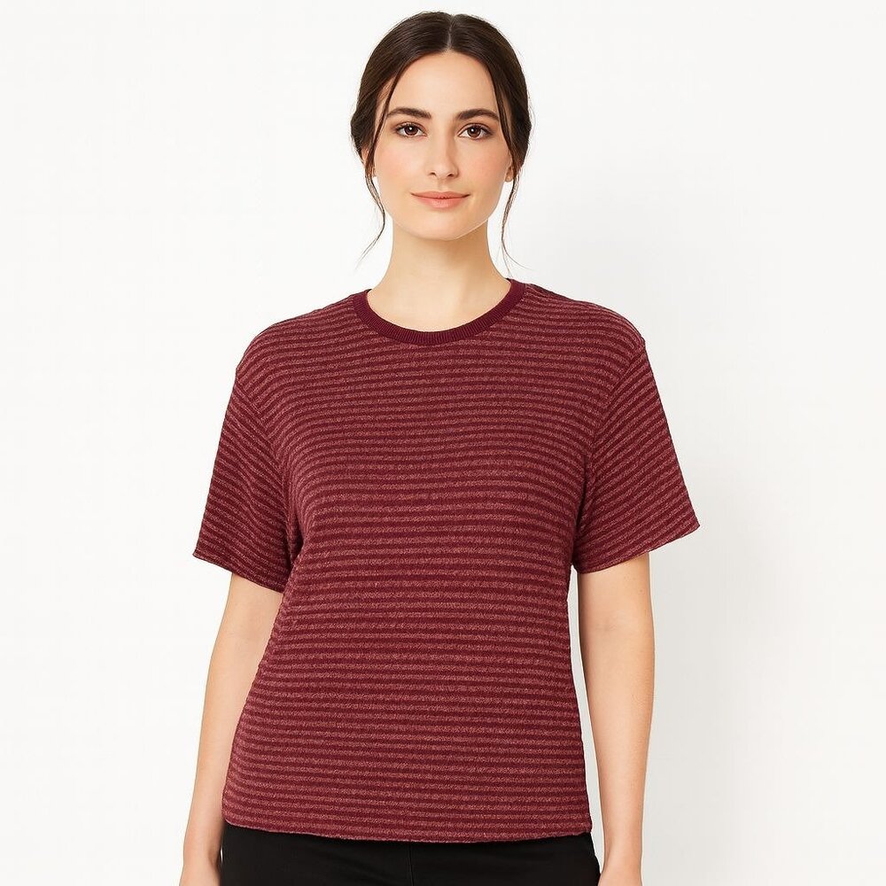 2/$30 Zara Large Burgundy Womens Striped Short Sleeve Polyester & Cotton